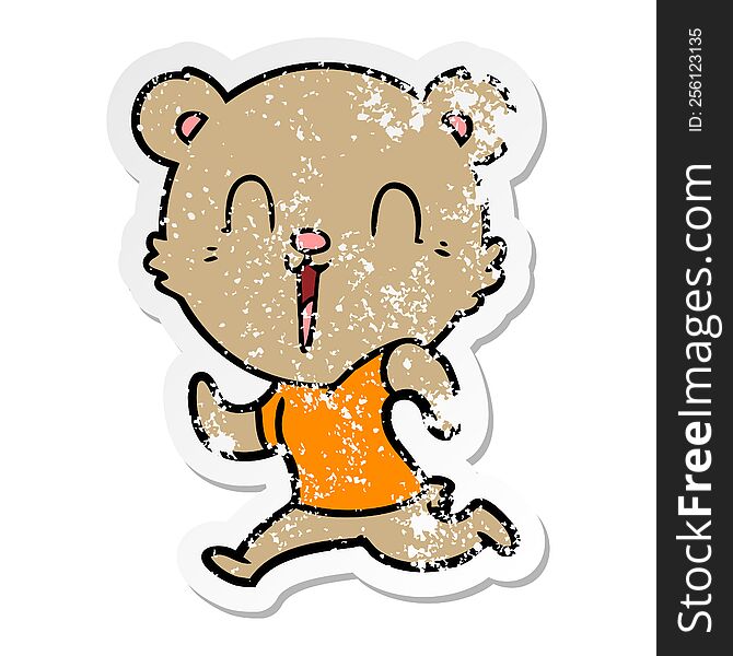 Distressed Sticker Of A Happy Cartoon Bear Running