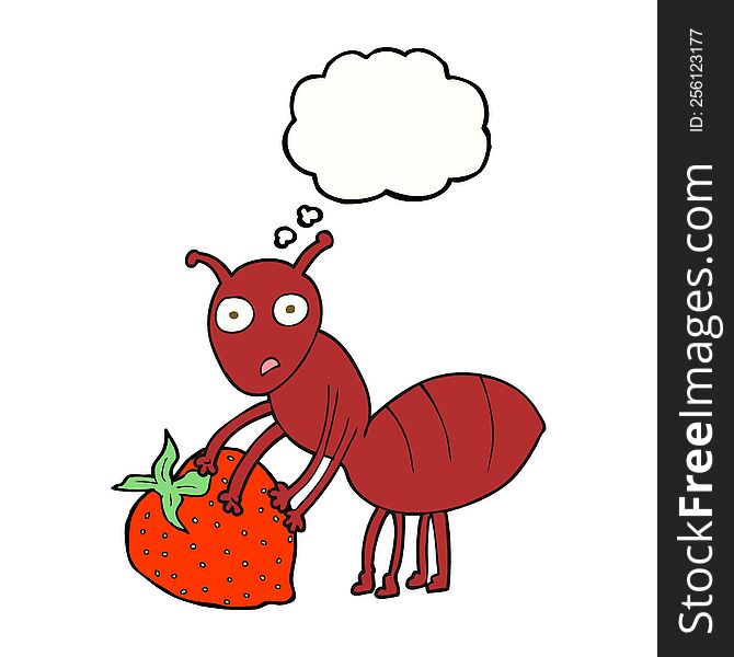 freehand drawn thought bubble cartoon ant with berry