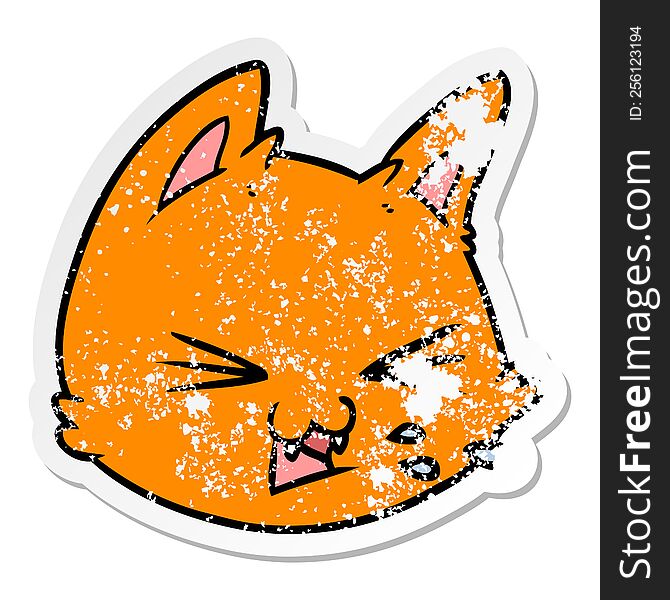 distressed sticker of a spitting cartoon cat face