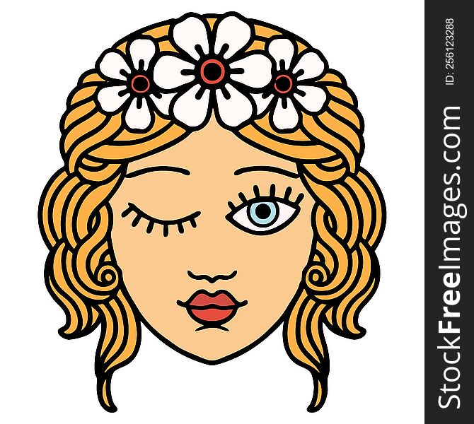 tattoo in traditional style of a maidens face winking. tattoo in traditional style of a maidens face winking