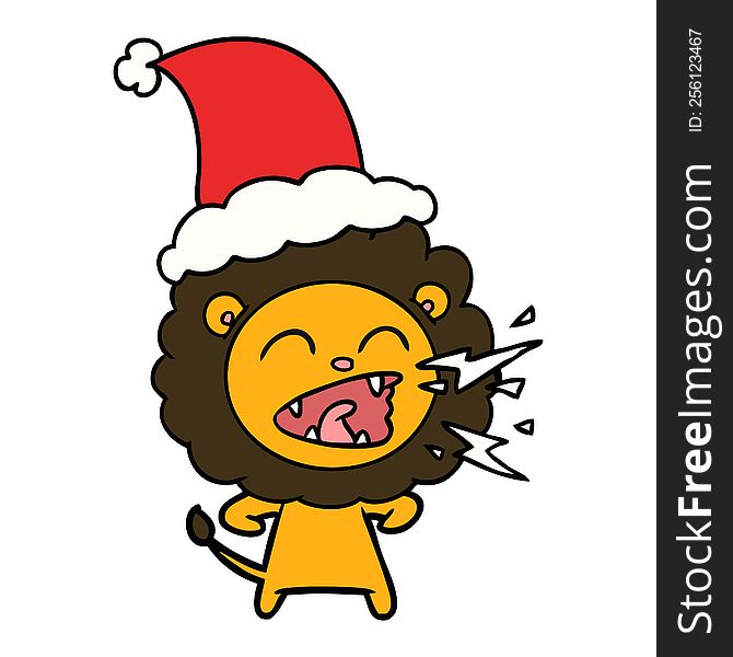 Line Drawing Of A Roaring Lion Wearing Santa Hat