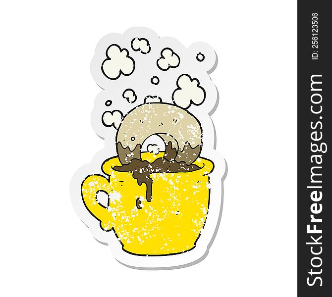 Retro Distressed Sticker Of A Cartoon Donut Dunked In Coffee