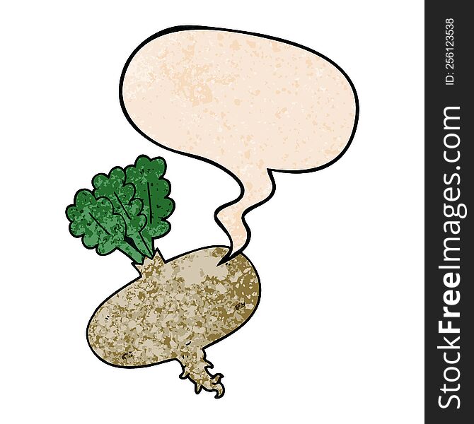 cartoon beetroot with speech bubble in retro texture style