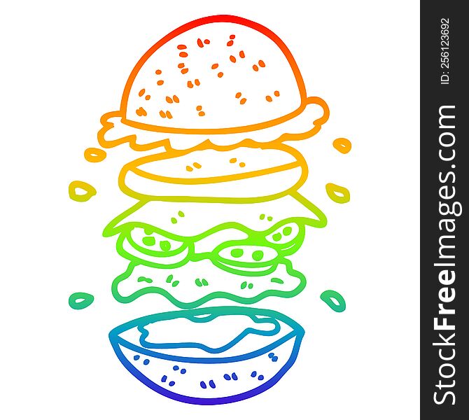 rainbow gradient line drawing of a cartoon huge burger