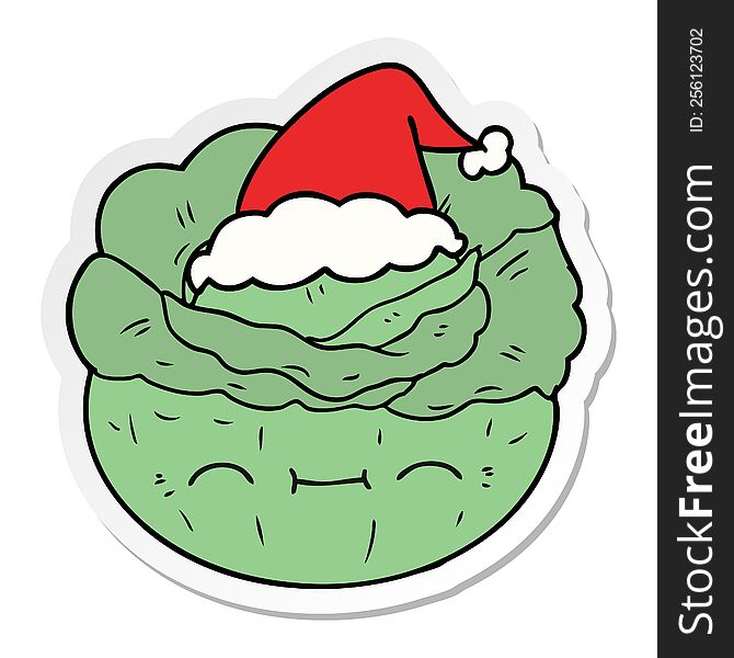 hand drawn sticker cartoon of a cabbage wearing santa hat