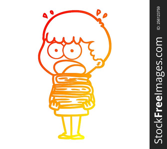warm gradient line drawing cartoon shocked boy with stack of books