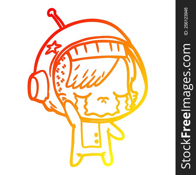 warm gradient line drawing of a cartoon crying astronaut girl waving goodbye