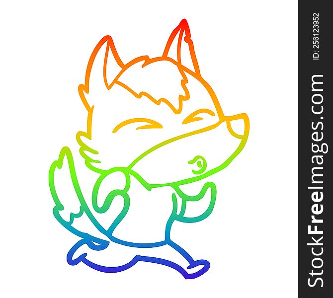 Rainbow Gradient Line Drawing Cartoon Wolf Running