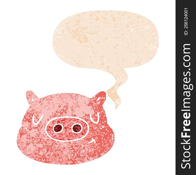Cartoon Pig Face And Speech Bubble In Retro Textured Style