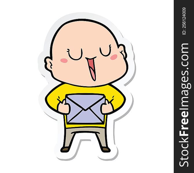 Sticker Of A Happy Cartoon Bald Man With Package