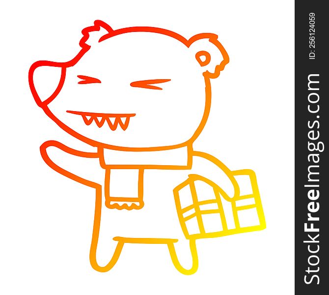 Warm Gradient Line Drawing Cartoon Angry Polar Bear With Xmas Present
