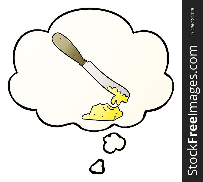 cartoon knife spreading butter with thought bubble in smooth gradient style