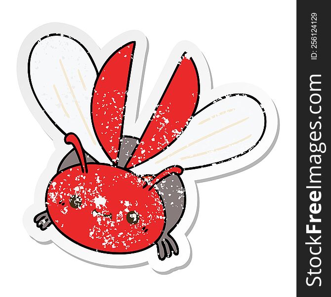 distressed sticker of a quirky hand drawn cartoon flying beetle