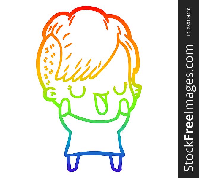 rainbow gradient line drawing of a cute cartoon girl with hipster haircut