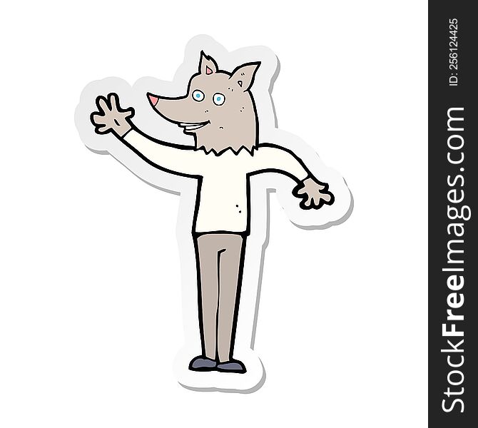 Sticker Of A Cartoon Waving Wolf Man