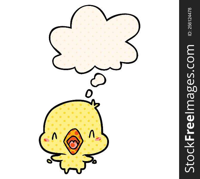cartoon happy bird with thought bubble in comic book style