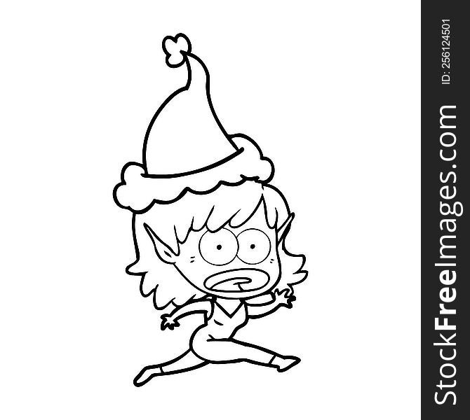 line drawing of a shocked elf girl wearing santa hat