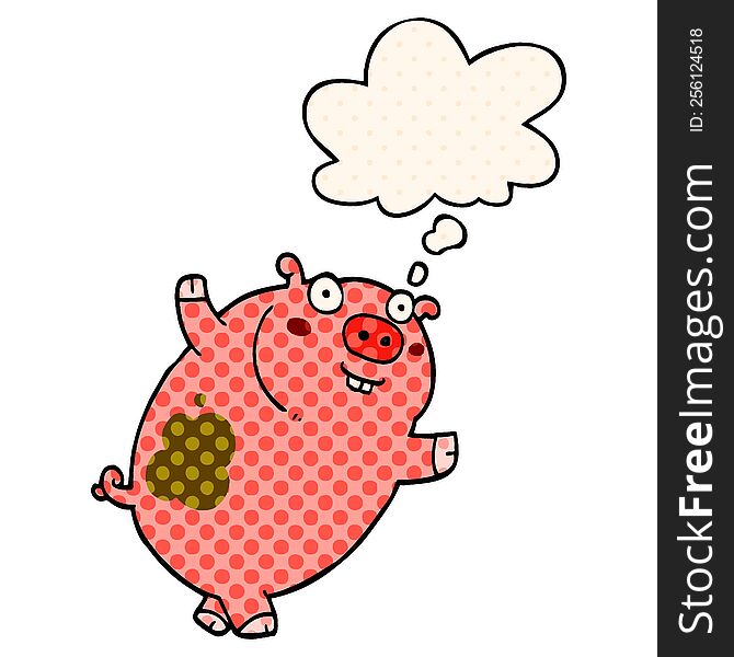 funny cartoon pig with thought bubble in comic book style