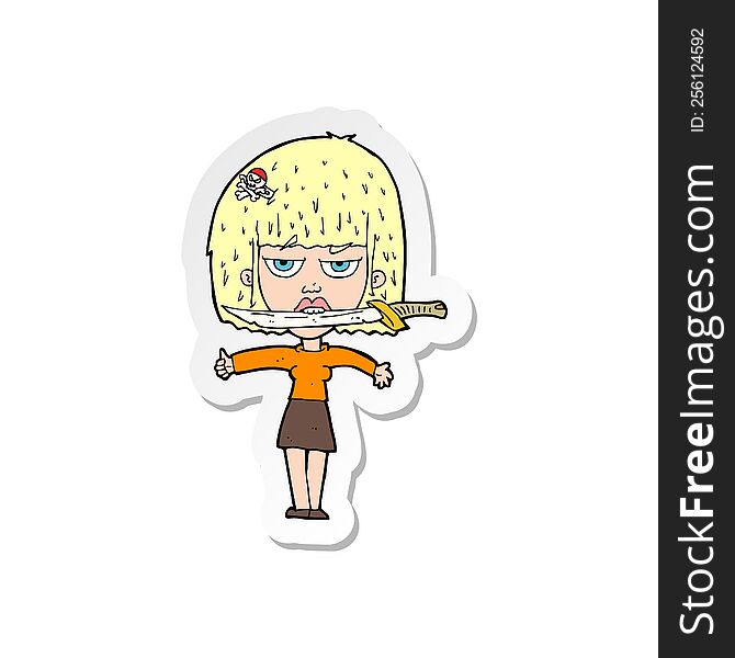 sticker of a cartoon woman with knife between teeth