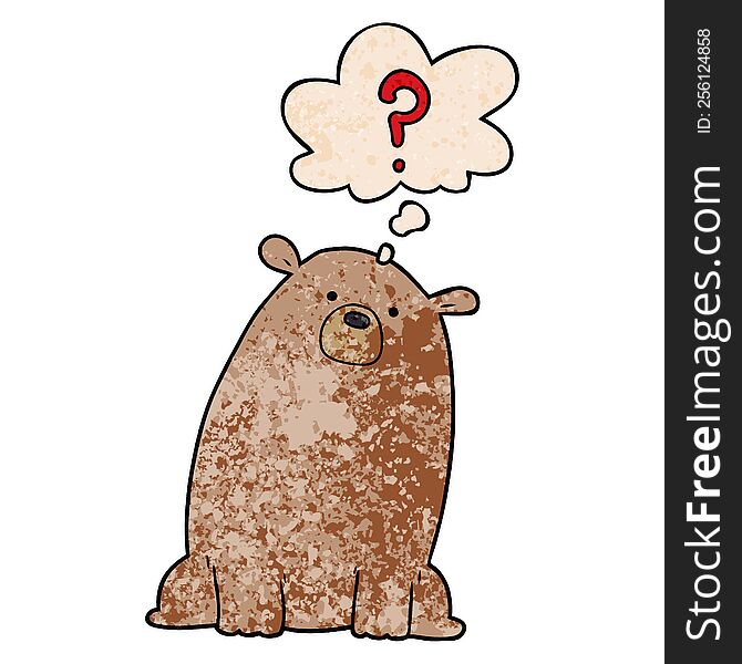 Cartoon Curious Bear And Thought Bubble In Grunge Texture Pattern Style