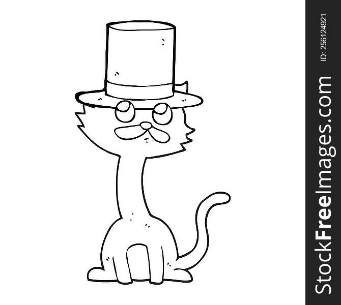 freehand drawn black and white cartoon cat in top hat