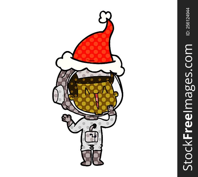 laughing hand drawn comic book style illustration of a astronaut wearing santa hat