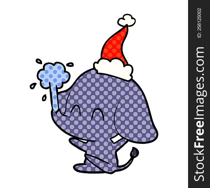 cute hand drawn comic book style illustration of a elephant spouting water wearing santa hat