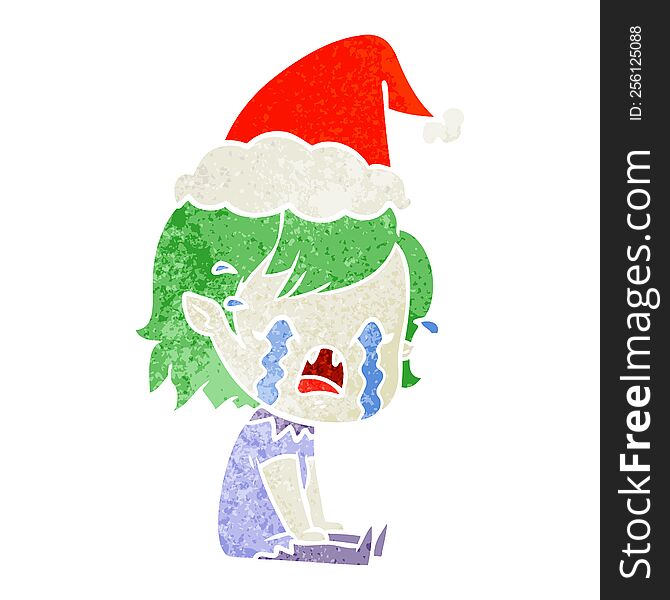 hand drawn retro cartoon of a crying vampire girl wearing santa hat