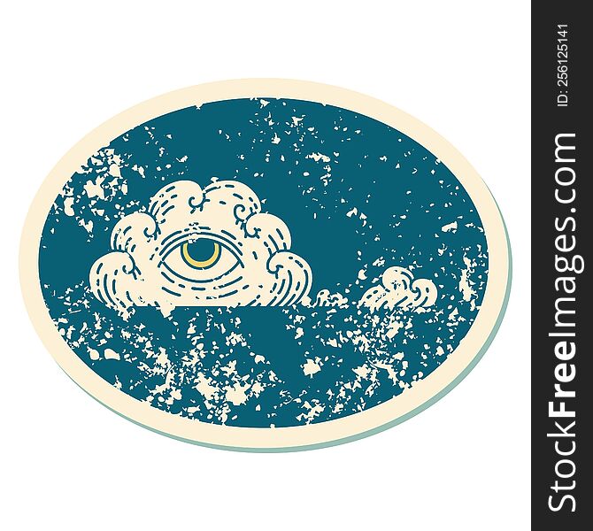 Distressed Sticker Tattoo Style Icon Of An All Seeing Eye Cloud