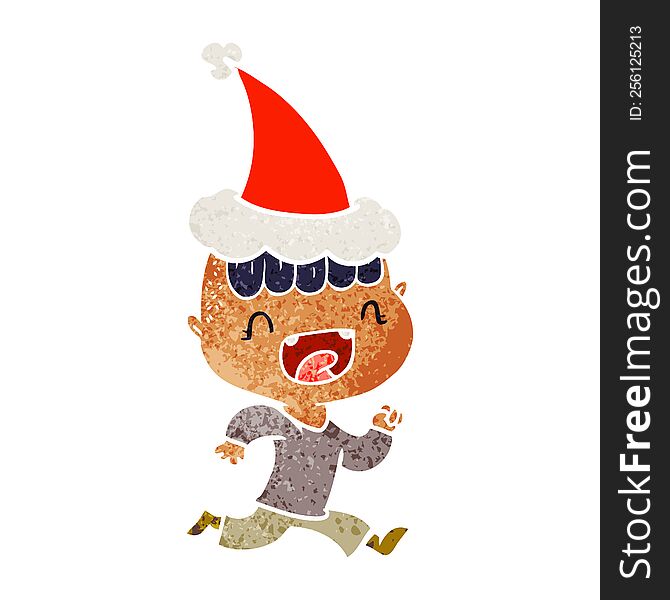hand drawn retro cartoon of a happy boy laughing and running away wearing santa hat