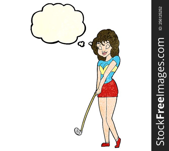 Cartoon Woman Playing Golf With Thought Bubble