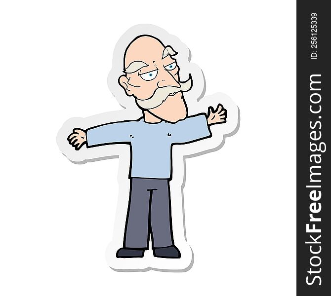 sticker of a cartoon old man spreading arms wide