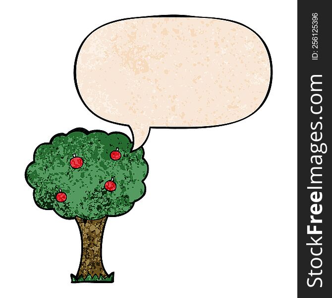 Cartoon Apple Tree And Speech Bubble In Retro Texture Style