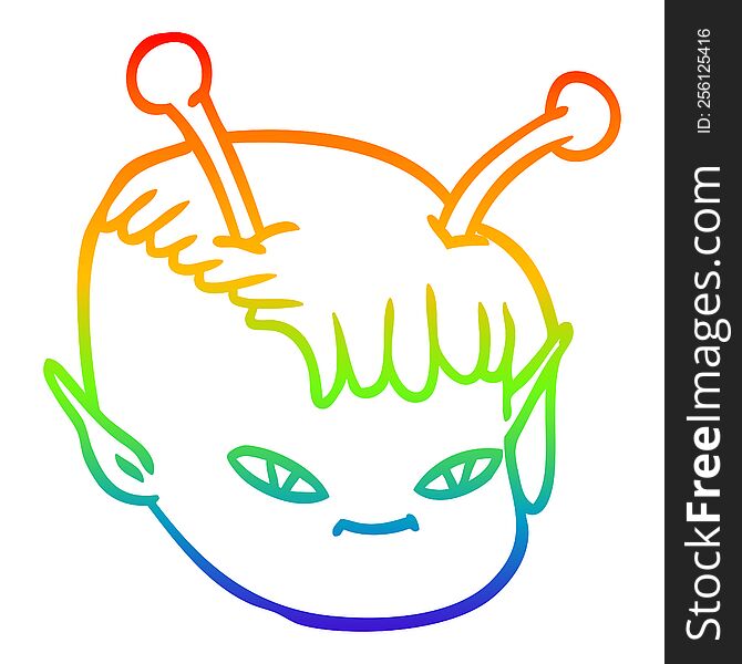 rainbow gradient line drawing of a cartoon alien space girl face