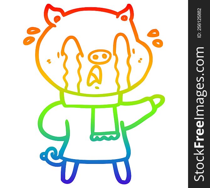 rainbow gradient line drawing of a crying pig cartoon wearing human clothes