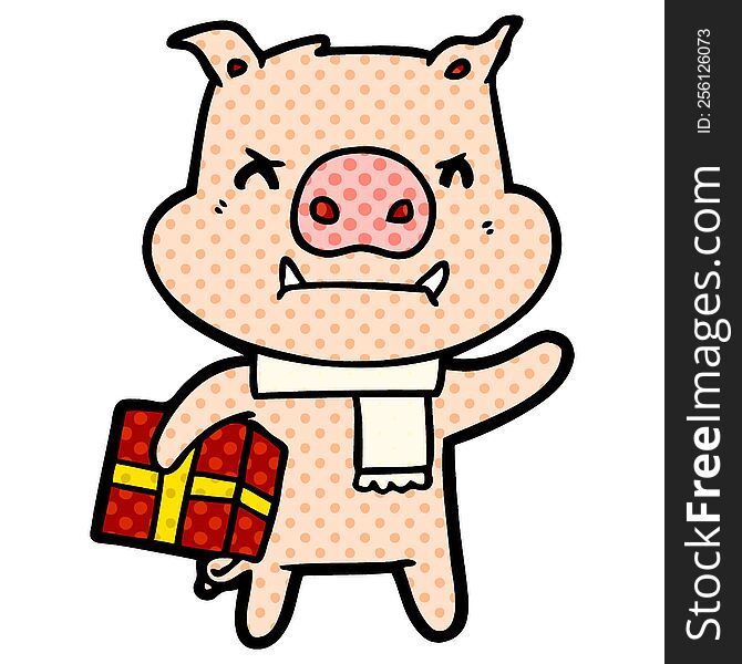 angry cartoon pig with christmas gift. angry cartoon pig with christmas gift