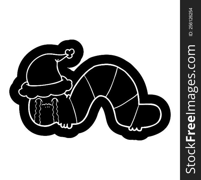 quirky cartoon icon of a caterpillar obsessing over his regrets wearing santa hat