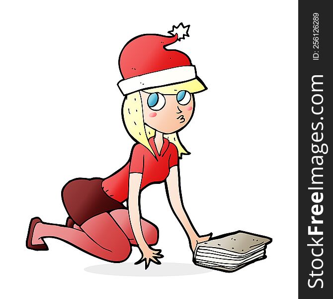 cartoon woman in christmas hat with book