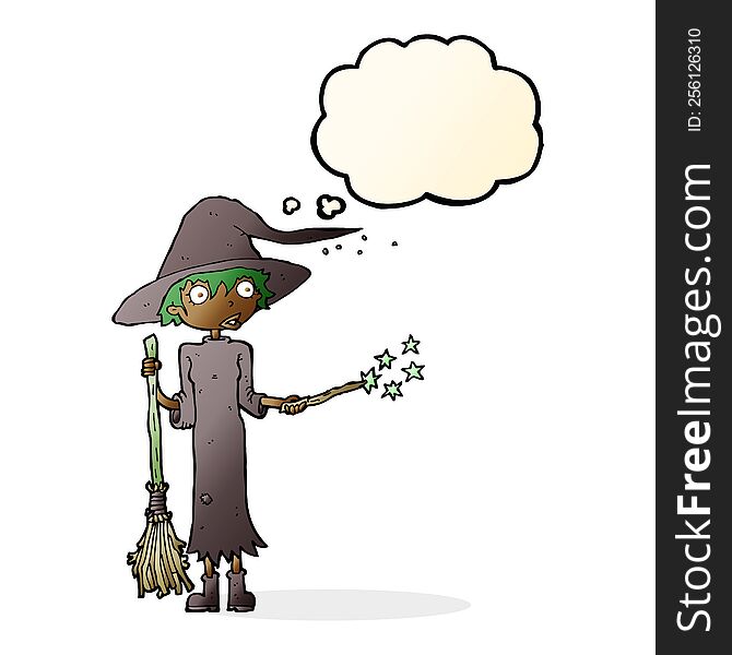 Cartoon Witch Casting Spell With Thought Bubble