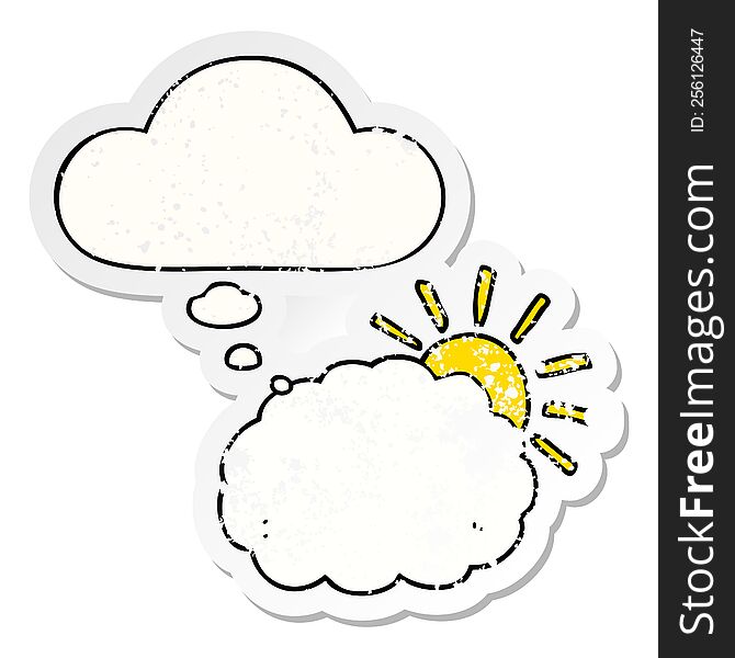 cartoon sun and cloud symbol with thought bubble as a distressed worn sticker