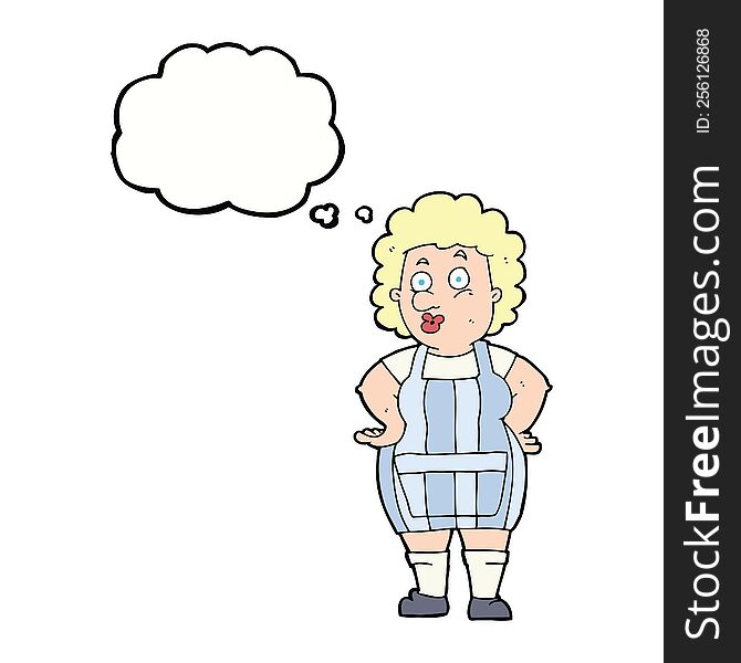 cartoon woman in kitchen apron with thought bubble