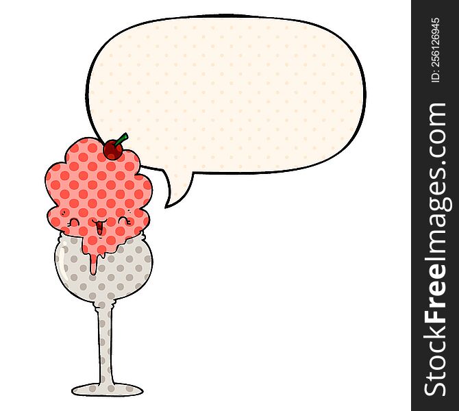 Cute Cartoon Ice Cream Desert And Speech Bubble In Comic Book Style