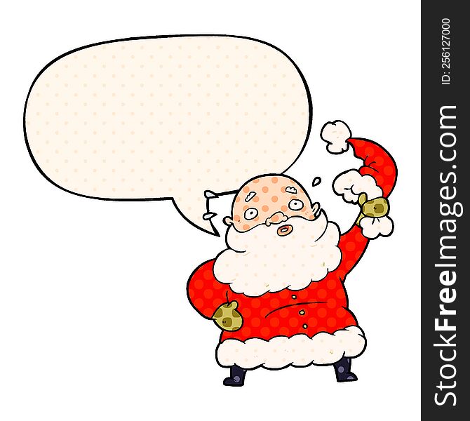 cartoon santa claus waving his hat with speech bubble in comic book style