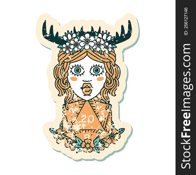 grunge sticker of a human druid with natural twenty dice roll. grunge sticker of a human druid with natural twenty dice roll