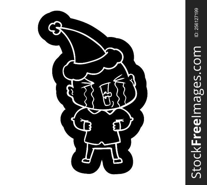 Cartoon Icon Of A Crying Bald Man Wearing Santa Hat