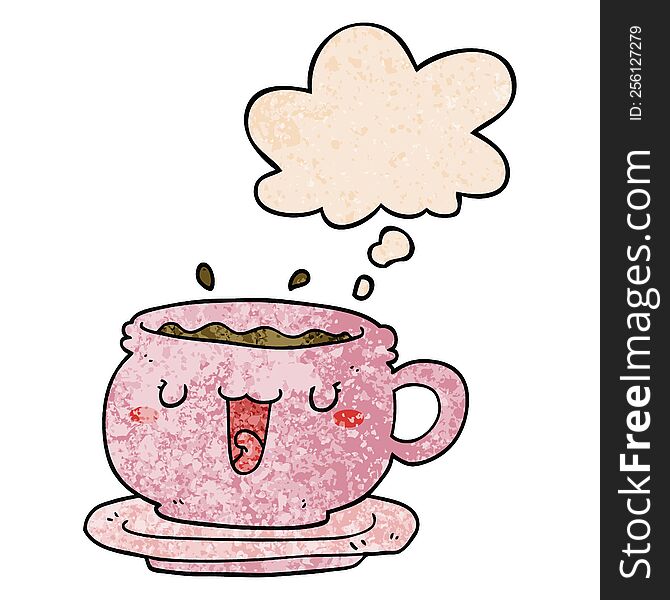 cute cartoon cup and saucer with thought bubble in grunge texture style. cute cartoon cup and saucer with thought bubble in grunge texture style