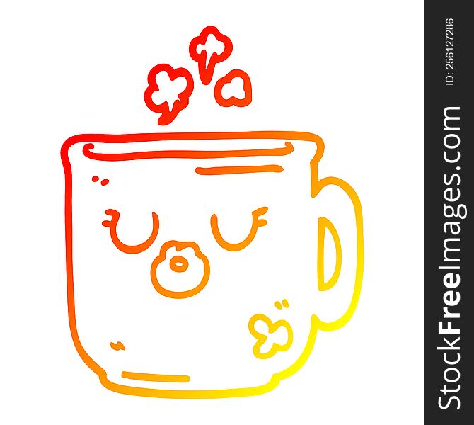warm gradient line drawing of a cartoon hot coffee mug