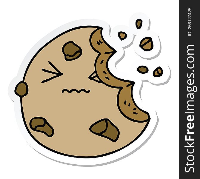 sticker of a quirky hand drawn cartoon munched cookie