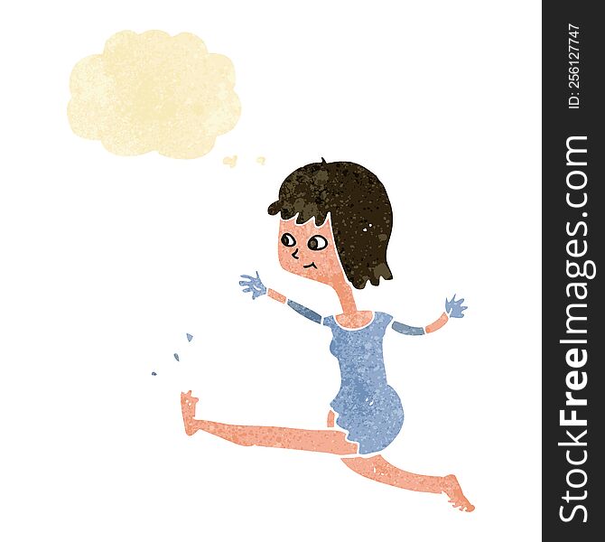 Cartoon Happy Woman Kicking With Thought Bubble