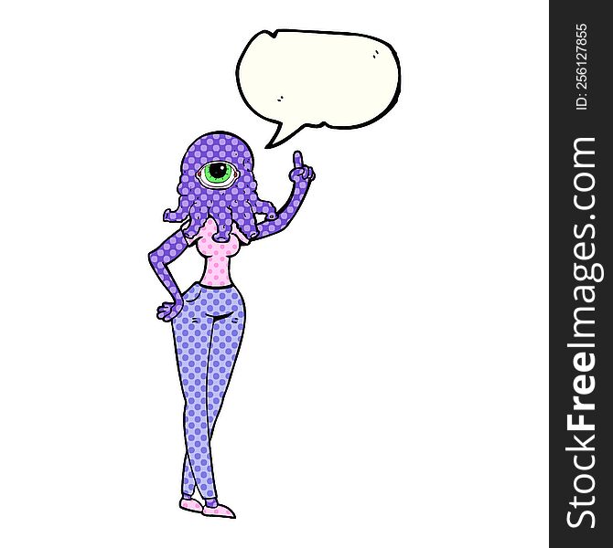 freehand drawn comic book speech bubble cartoon female alien with raised hand
